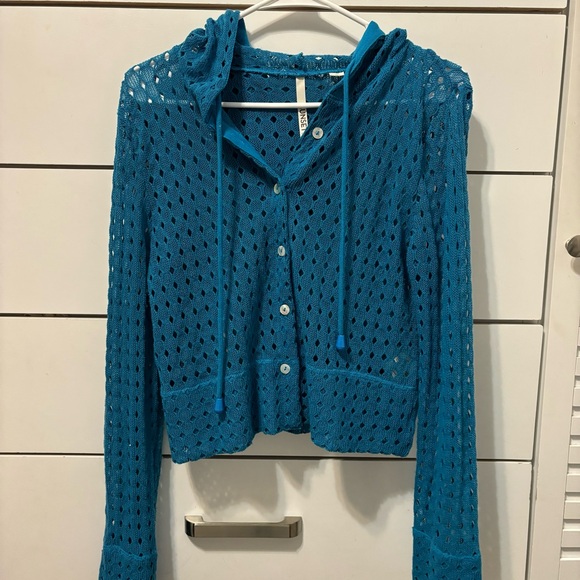 Sunset Rd Knit Blue Hooded Sweater - Picture 2 of 5